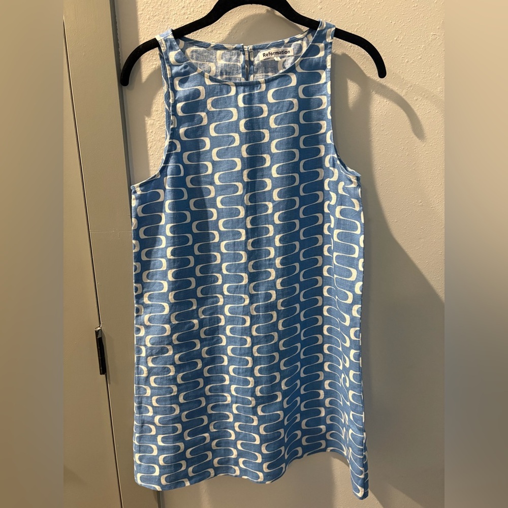 Blue and White linen dress from Reformation